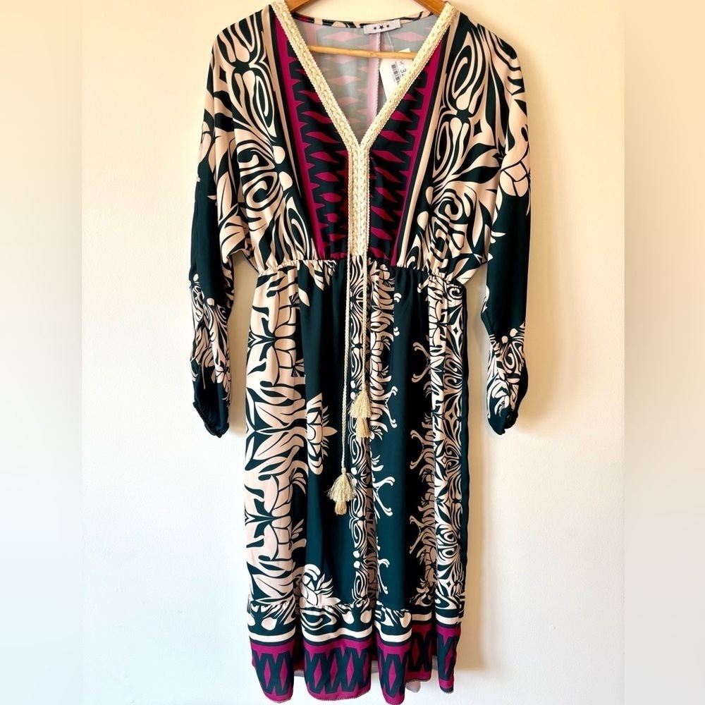 ACANDRIA Long Sleeve Festive Patterned Midi Dress